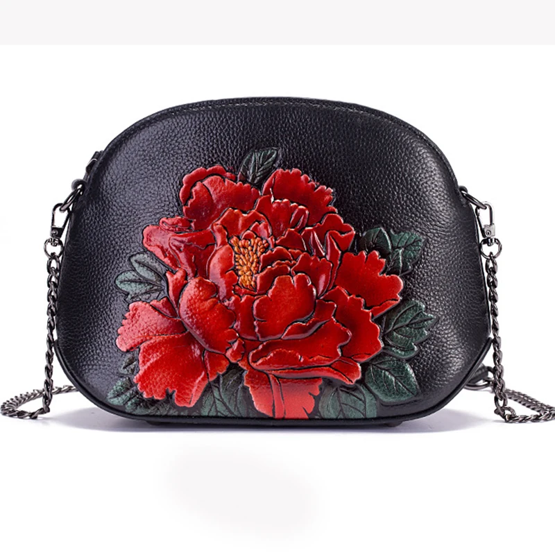 Bolsa de Ombro Mulheres Mensageiro Floral Padrão Alta Qualidade Estilo Vintage Couro Genuíno Mini Peônia Cruz Corpo Concha Bolsas