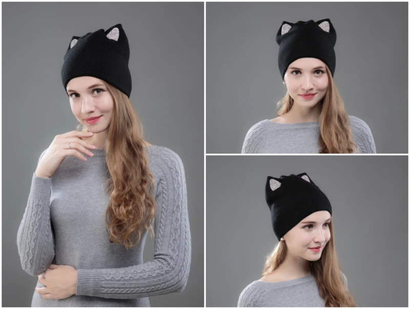 Милые шапки с кошачьими ушками для женщин и девушек, Милая зимняя шапка skullies, двухслойные толстые теплые однотонные зимние шапки высокого качества