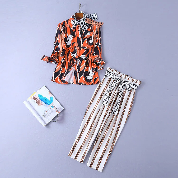 

HIGH QUALITY Newest Stylish 2019 Runway Suit Set Women's 34 Sleeve Lacing Bow Print Blouse Shirt Striped Pants Set