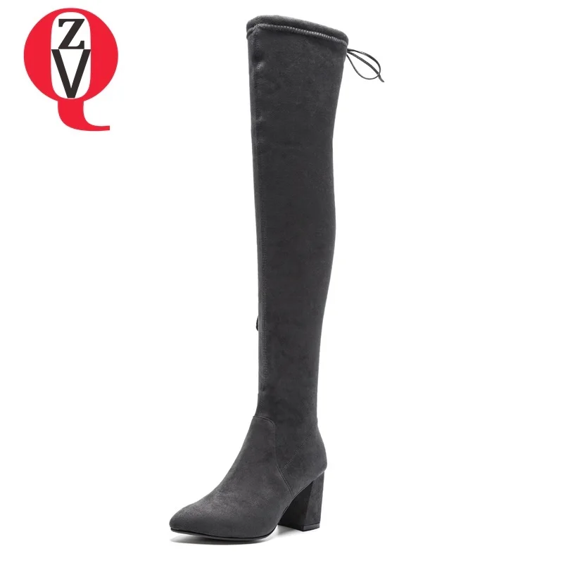 

ZVQ 2018 newest fashion sexy faux suede women shoes high hoof heels pointed toe zipper black and grey winter over the knee boots
