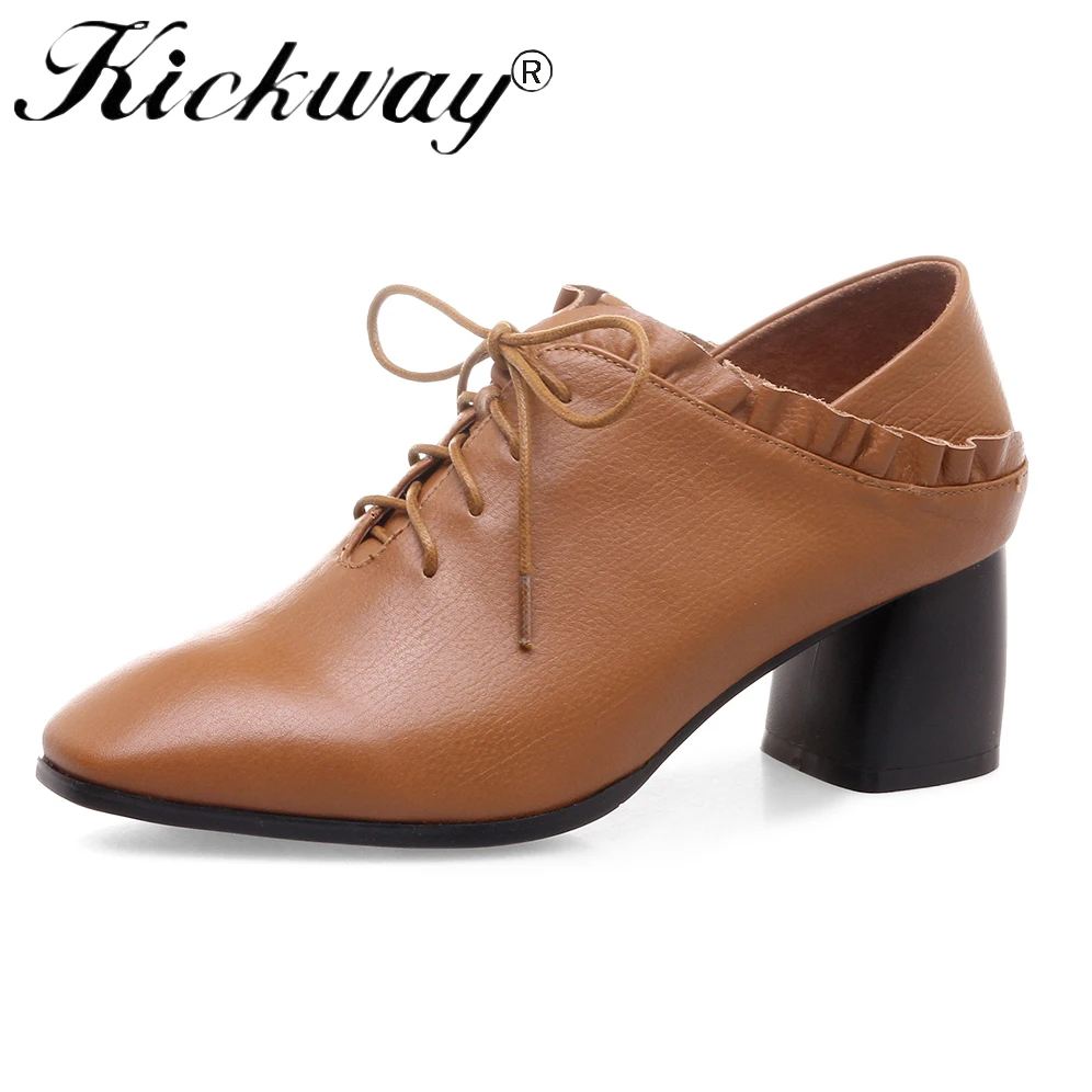 

Kickway Genuine Leather Lace Up Designer Pumps Leather Pumps thick Heels Women Shoes Ladies Square Toe Pigskin Plus Size 34-42