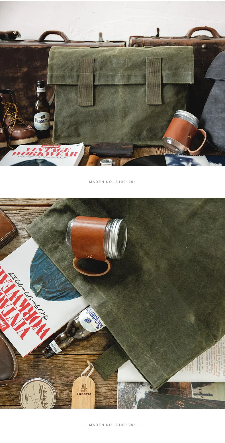 Maden Men’s Waxed Canvas Messenger Bag Crossbody Shoulder Bag Water Resistant Grey Green