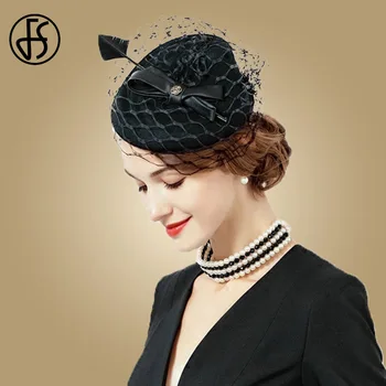 

FS Fascinator Black Women Elegant Pillbox Hat Wedding 100% Wool Lady Winter Bowknot Felt Cocktail Church Fedora