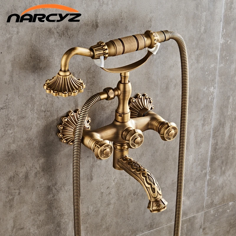 Luxury Antique Brass Bathroom Faucet Mixer Tap Wall Mounted Hand Held
