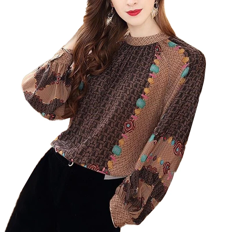 

Women Large New Spring Imitate Silk Shirt Women Fashion Loose Korean Print Lantern Sleeve Design Sense Shirt Female Vintage Top