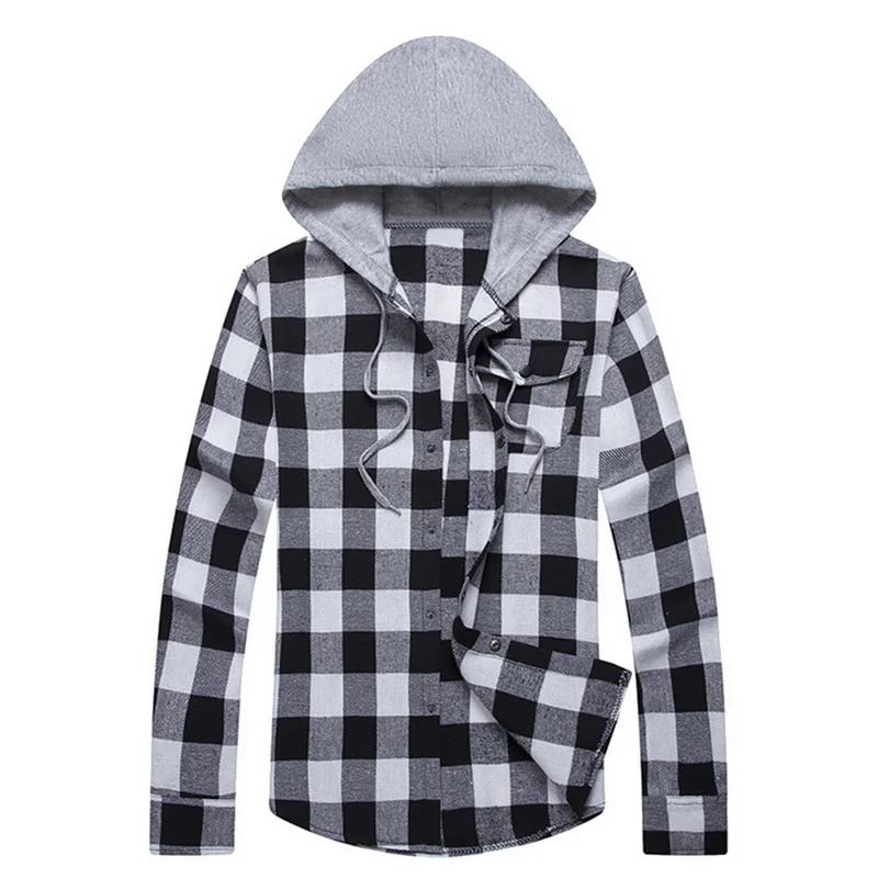 

SHUJIN 2019 Patchwork Plaid Men's Casual Shirts Long Sleeve Hooded Shirts for Male Autumn Streetwear camisa masculina
