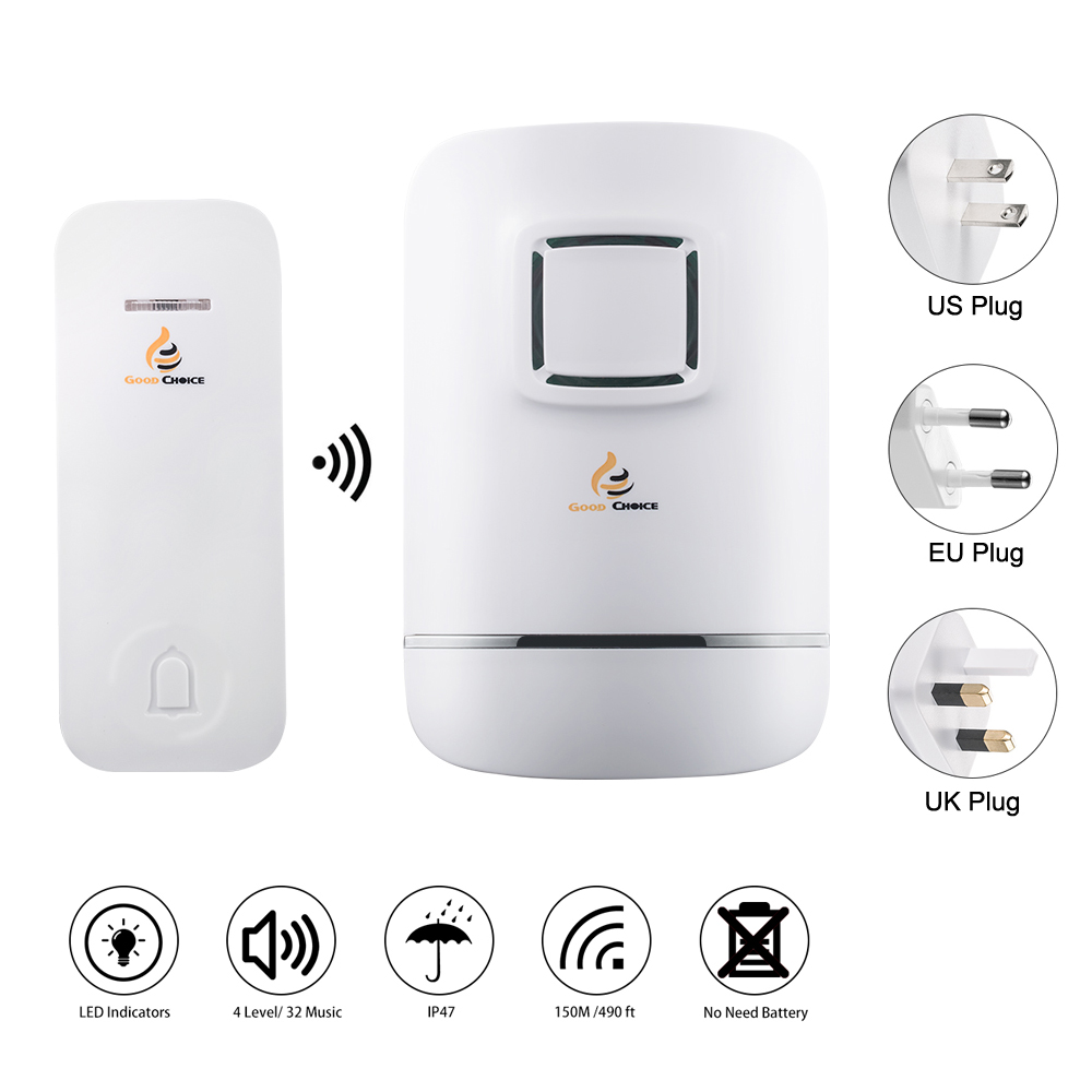 Wireless Doorbell,Door Bell Chime,No Need Battery,IP47 Waterproof Transmitter Button,Plug-in Receiver,32 Ringtones 