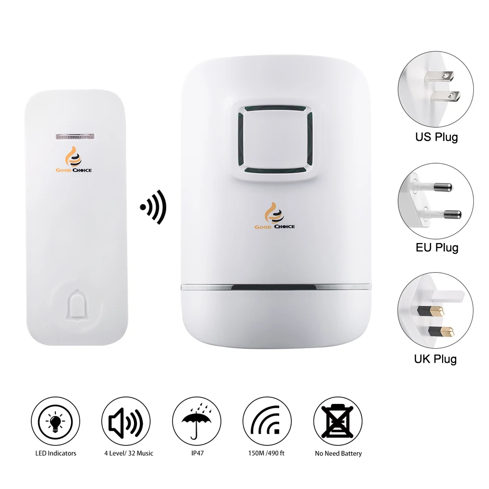 Água sem Fio Precisa de Bateria Botão do Transmissor Plug in do Receptor Ip47 à Prova d’ Campainha Porta Bell Chime Não Auto alimentado 32 Ringtones