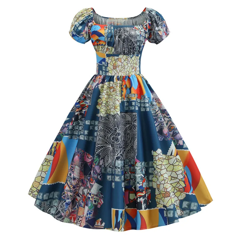 Платье в винтажном стиле рокабилли, летнее платье, новинка, квадратный воротник, короткий рукав, женское Цветочное платье, 50s 60 s, праздничные платья для вечеринок, качели - Цвет: JY13951