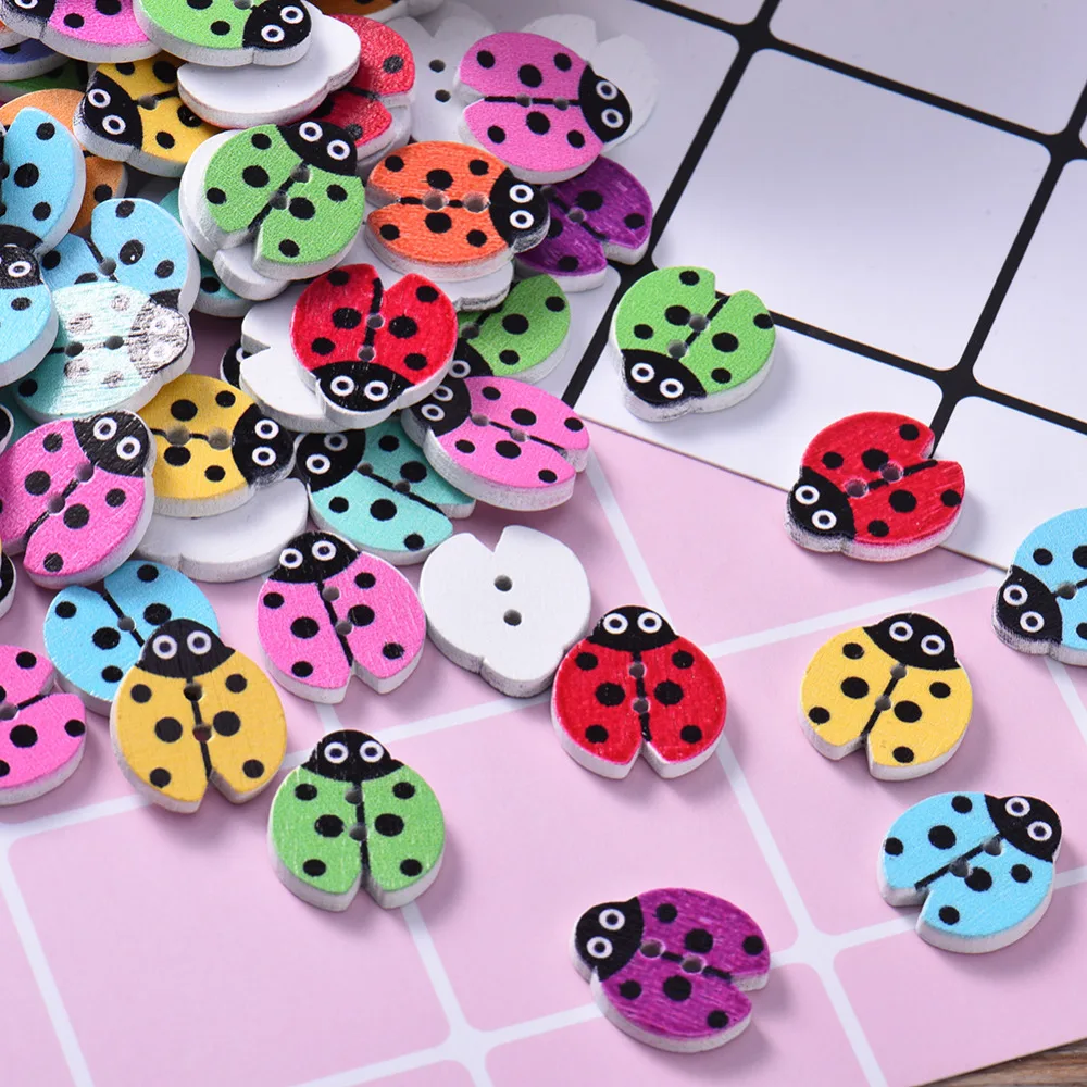 

100pcs/lot Newest Multicolored 2 Holes Ladybug LadyBird Wooden Buttons Painted Round Wooden Buttons For Kids Drop Shipping