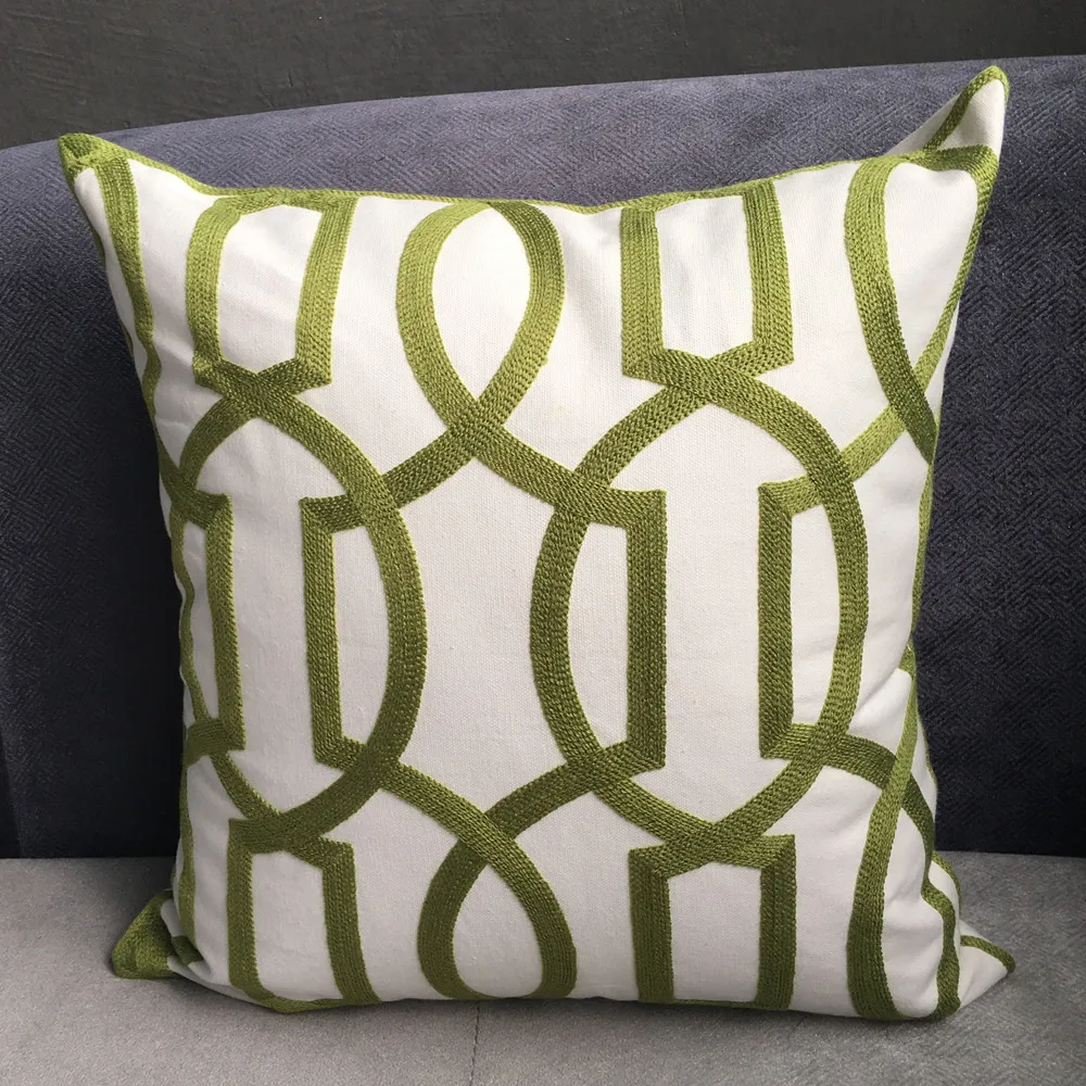 

2016 Modern Geometric Cord Embroidery Gray & Green Cotton Cushion Cover 45 x 45 cm Gift Pillow Case