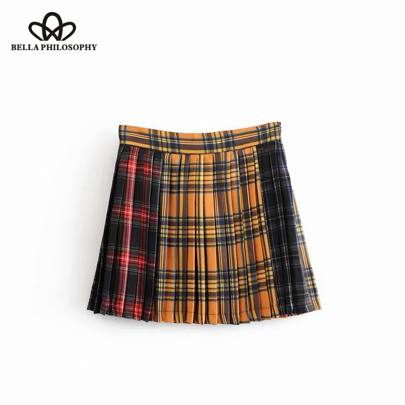 Wonder 2018 new Fashion Vintage Chic Checkered Patchwork Mini Skirt Women A Line Side Zipper Streetwear Pleated Casual Skirts