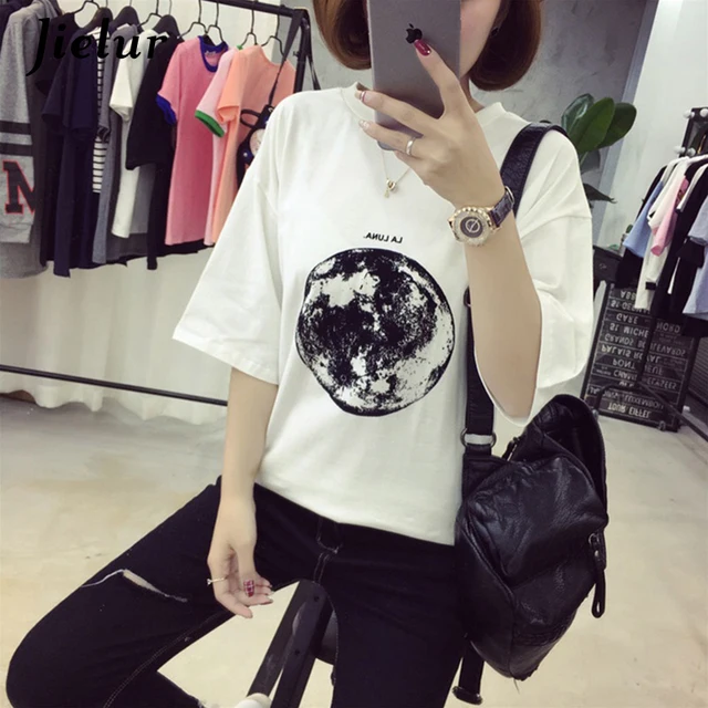 Chic Summer New Personality Planet Moon Printed Loose T Shirts Women Slim Leisure Short Sleeve White T-shirt Female Top M-XXL