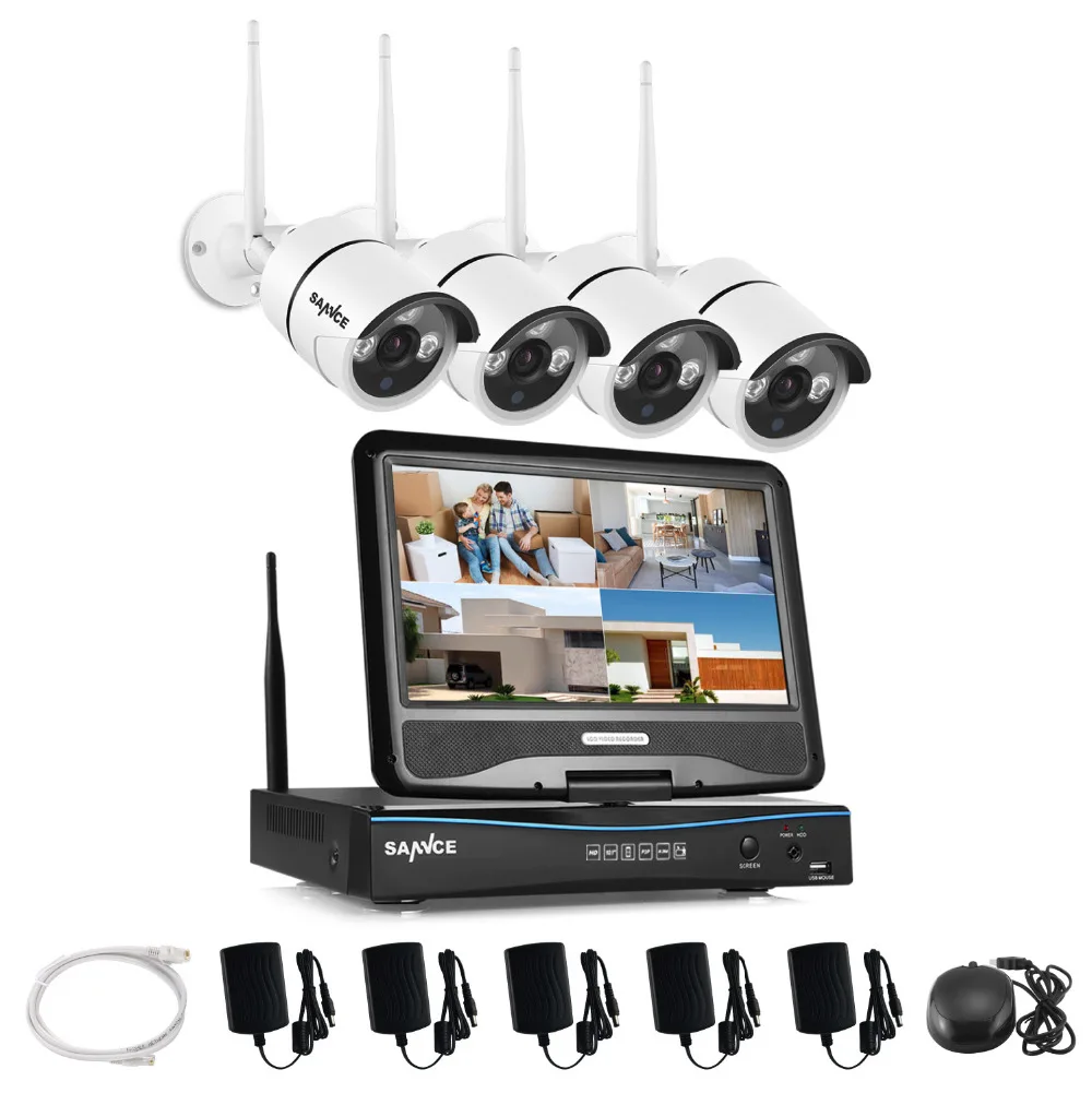 SANNCE 2.4G 10.1 LCD 4CH HD Wireless 720P Wifi NVR 1500TVL In/Outdoor IR CUT ip cameras Home Security Camera System