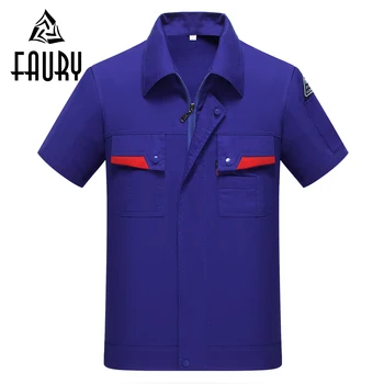 

Unisex Workshop Antistatic Short Sleeve Zipper Jackets Patchwork Pocket Engineering Workwear Auto Repair Uniforms Pants Set