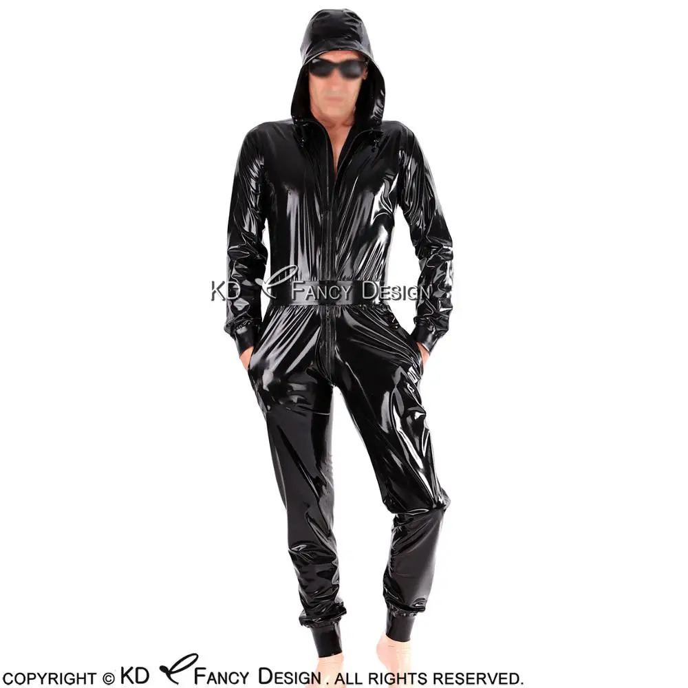 

Black Sexy Wide Latex Catsuit With Hoodies Belt Front Zipper Rubber Body Suit Catsuit Bodysuit Zentai Overall LTY-0100