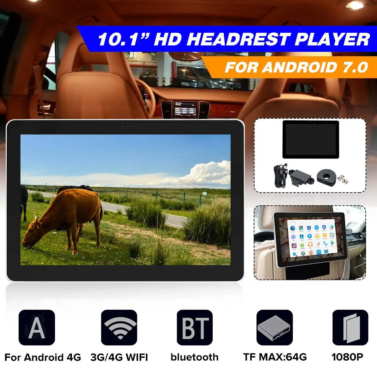 

10.1" Car Headrest Monitor DVD Video Player For Android 7.0 GPS/MP4/MP5/FM/AM 3G/4G WIFI Support GPS Navigation Rear View Camera
