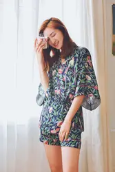 Повседневное комплект из 2 частей Для женщин KimonoTops и шорты комплект пижамы Mujer печати пижамы хлопок сезон: весна–лето Ночная сорочка стежка