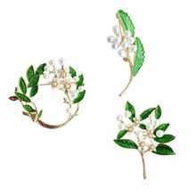 Новая Элегантная винтажная атмосферная Эмаль Зеленый лист цветок имитация жемчуга индивидуальная модная брошь
