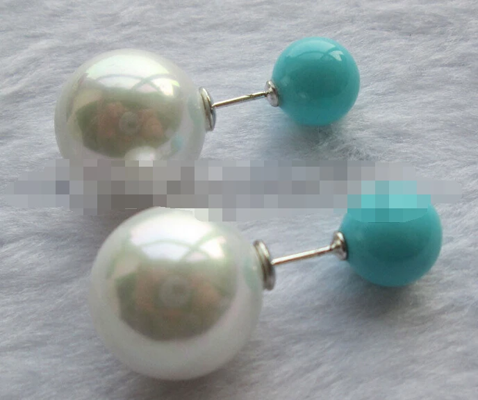 

hot sell new - -hot 00338 turquoise blue + white perfect round sea shell pearl earring