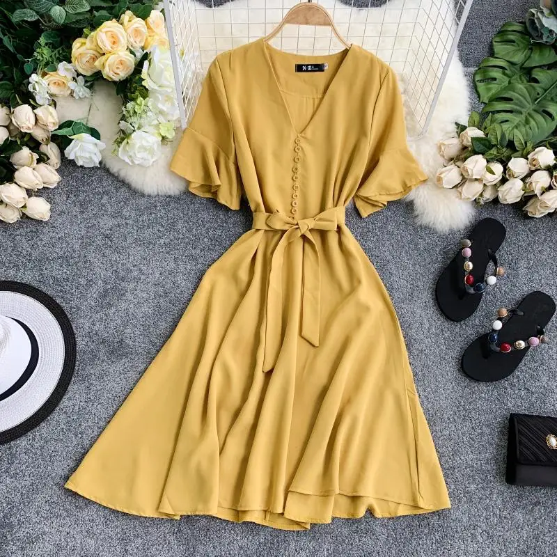 

Summer women Mini dresses short sleeve lady casual simple short sleece chiffon dresses