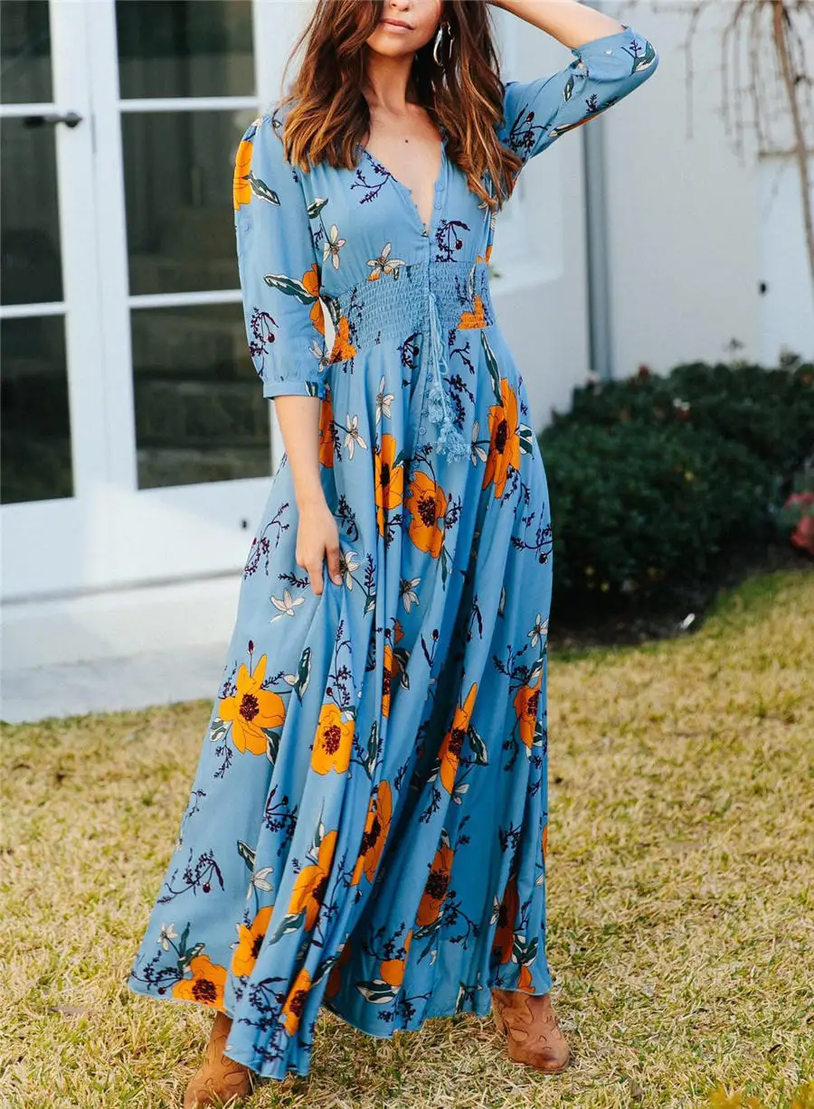 Gladiolus 2019 Spring Summer Dress Women 34 Sleeve V Neck Sexy Floral Print Bohemian Women Maxi Dress Long Beach Ladies Dresses (85)