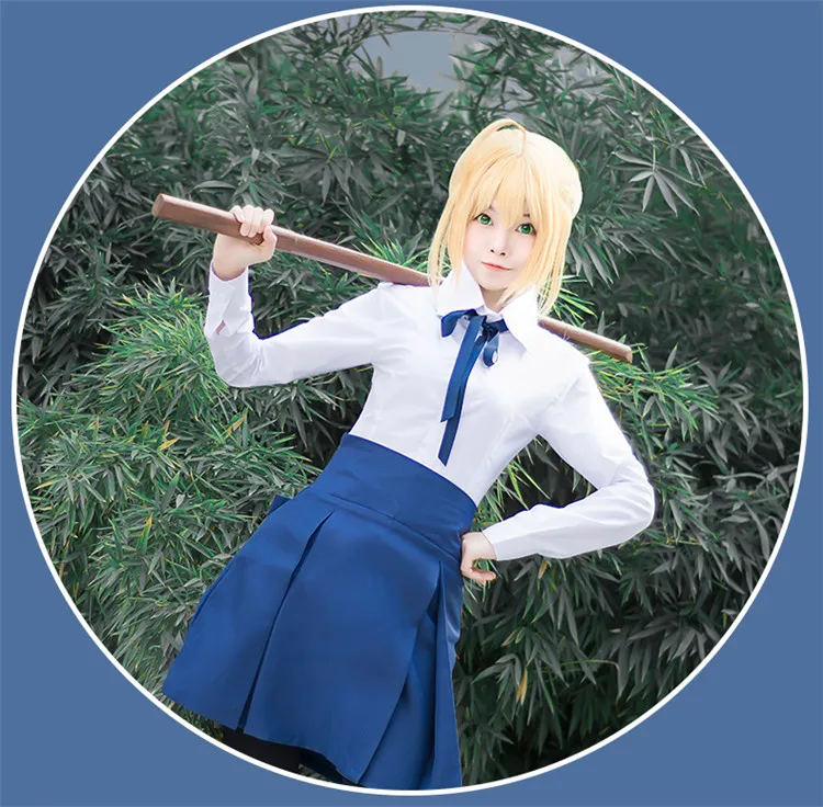 Аниме Fate/Stay Night Saber косплей костюм белый и синий Униформа юбка Carnaval Disfraces костюмы на Хэллоуин для женщин и парик