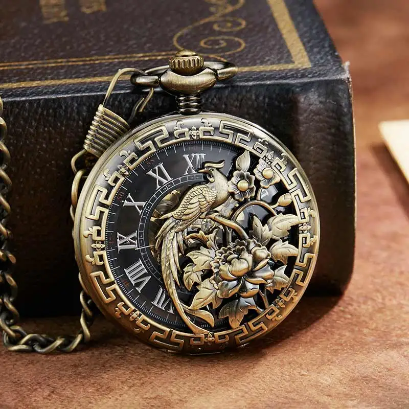 Presentes de Casamento Cadeias de Relógio de Bolso Retro Vintage Dragão Phoenix Flor Luckly Amante Escultura Requintado Mecânico Relógio Esqueleto