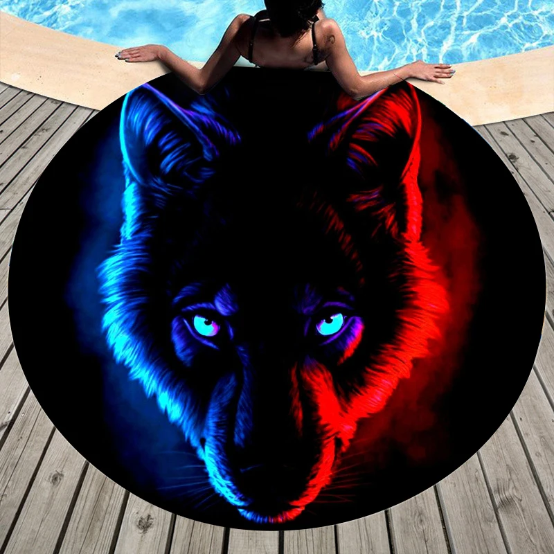 Wolf Head Dog Beach Towel Silk Scarf Shawl Bathroom Bath Blanket Large Round Fabric Dress with Print of Kichen |
