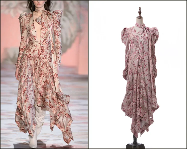 

New 2019 Show Famous Sexy V collar Irregular Printed Slim Sleeve Dresses Long Dresses