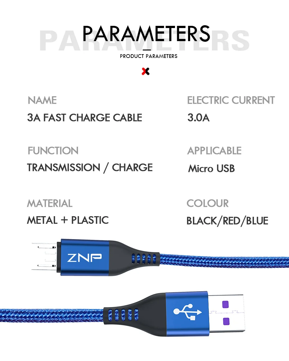 ZNP Micro USB кабель 3A нейлон Быстрая зарядка USB кабель для передачи данных для samsung Xiaomi Note 4 планшет Android мобильный телефон usb зарядный шнур