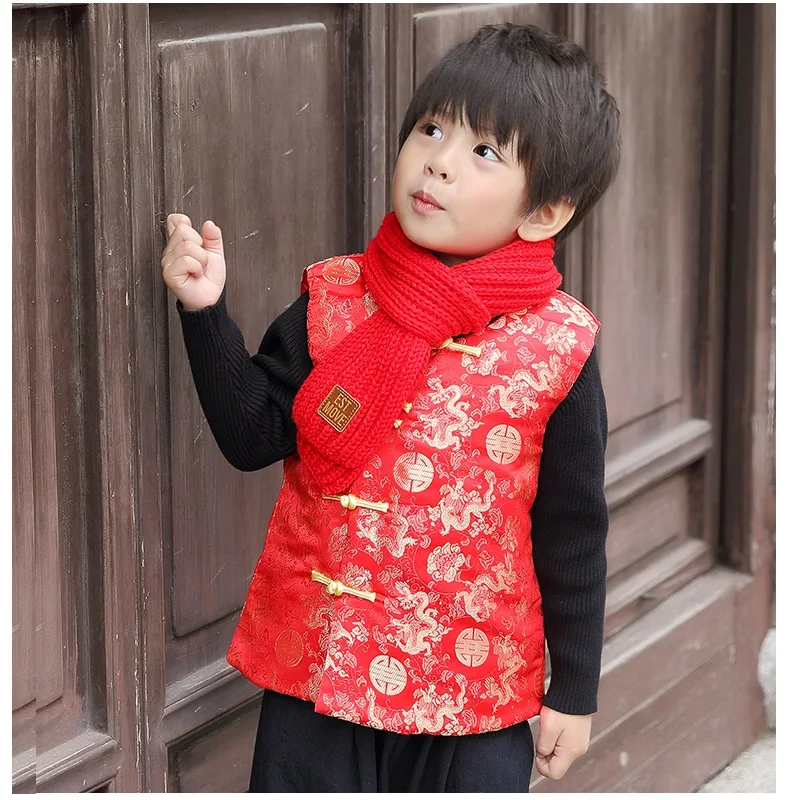 Китай Дракон Детская жилетка год Детские жилет для мальчика Весенний фестиваль Тан костюм пальто для мальчиков Cheongsam наряд майка 2-14