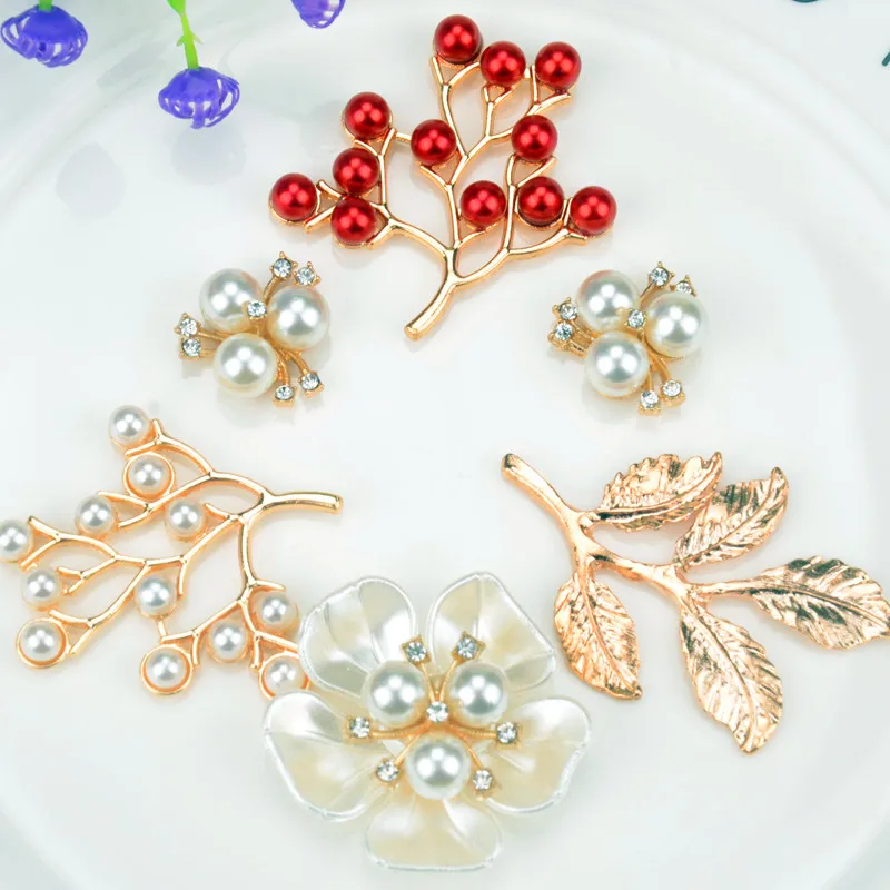10Pcs Fashion Pearl Flower Leaf Crystal Rhinestone Button Diy Wedding Hair Scrapbooking Metal Accessories Alloy Beads Decoration | Дом и сад