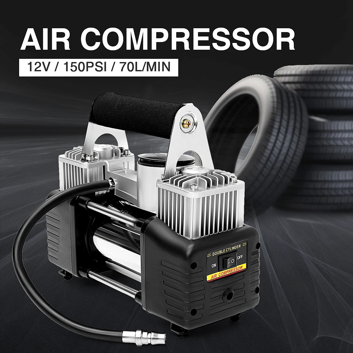 

12V 280W 70L/min 150PSI Car Air Compressor Kit Pressure Including 3 Inflatable Adapters Double Cylinder Air Pump Easy to Use