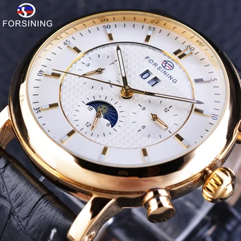 

Forsining White Golden Three Small Dial Mens Watches Top Brand Luxury Automatic Self-wind Genuine Leather Multi-functional Clock