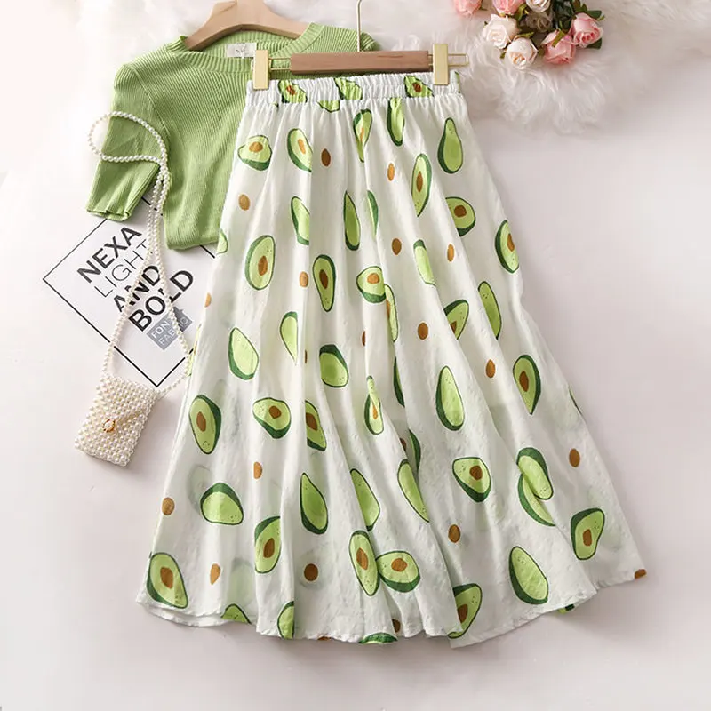 

2019 New Summer Fashion Avocado Green Print Skirts Women Sweet Slim A-Line High Waist Skirt Elegant Comfortable Party Skirt M704