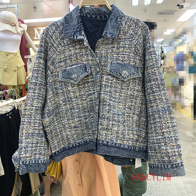 

2019 New Spring Fall Small Fragrant Wind Coat Women Fashion Diamond Spliced Plaid Tweed Denim Jacket Outwear Students Streetwear