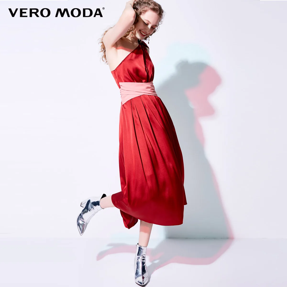 Vero Moda новые женские диагональные плечи бант Сращивание плиссированные Высокая Талия Вечерние платья | 31847A502 - Цвет: Rosewood