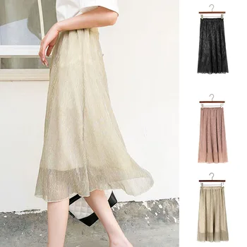 

Women Girls Summer Pleated Skirts Elastic Waist Casual Blend Half