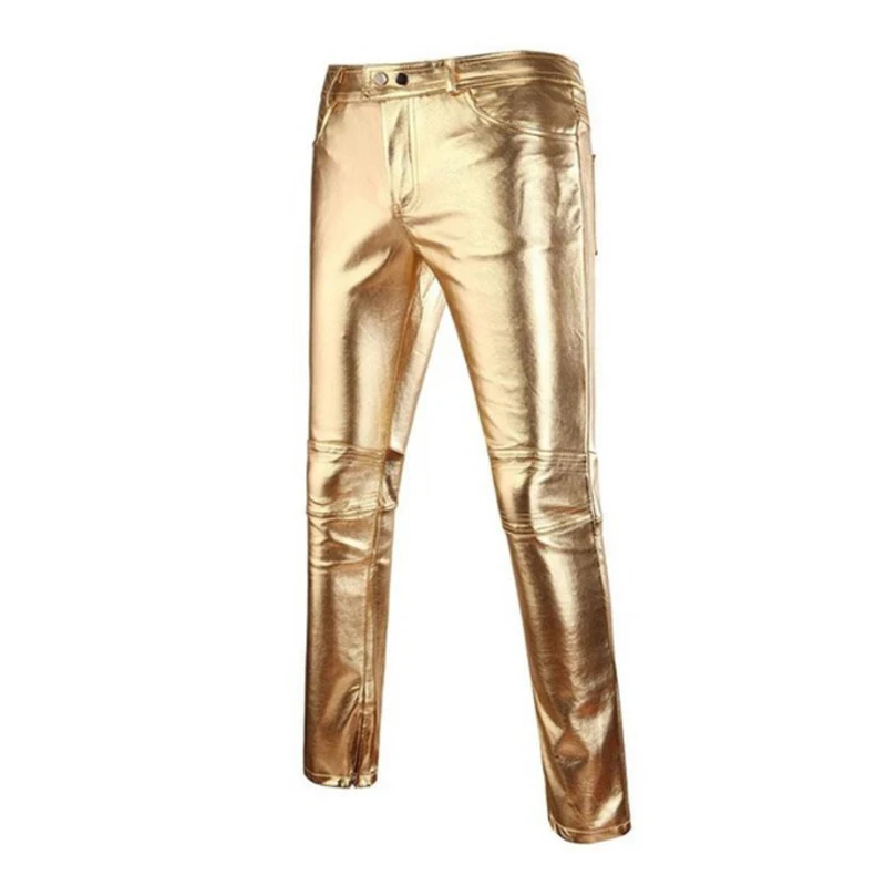 2019 повседневные мужские обтягивающие брюки из искусственной кожи, черные, золотые, серебряные, ПУ блестящие облегающие брюки, певцы