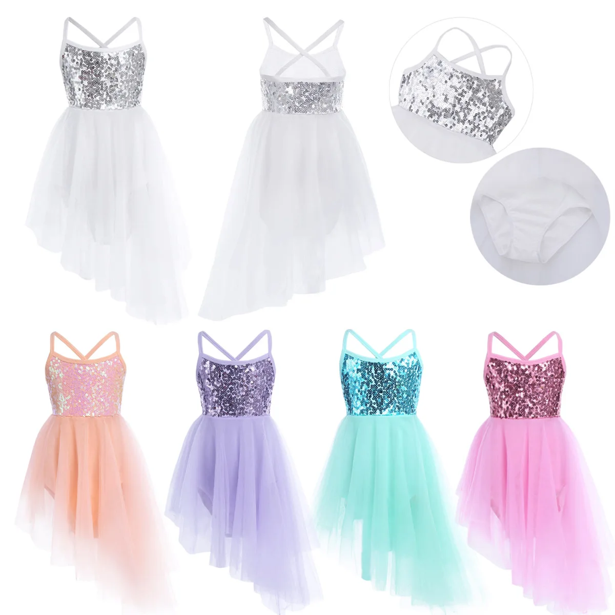 

Girls Kids Sequin Camisole Leotard Tulle Tutu Dress Oblique Triangle Long Skirt Dress Ballet Modern Dance Costume Dancewear