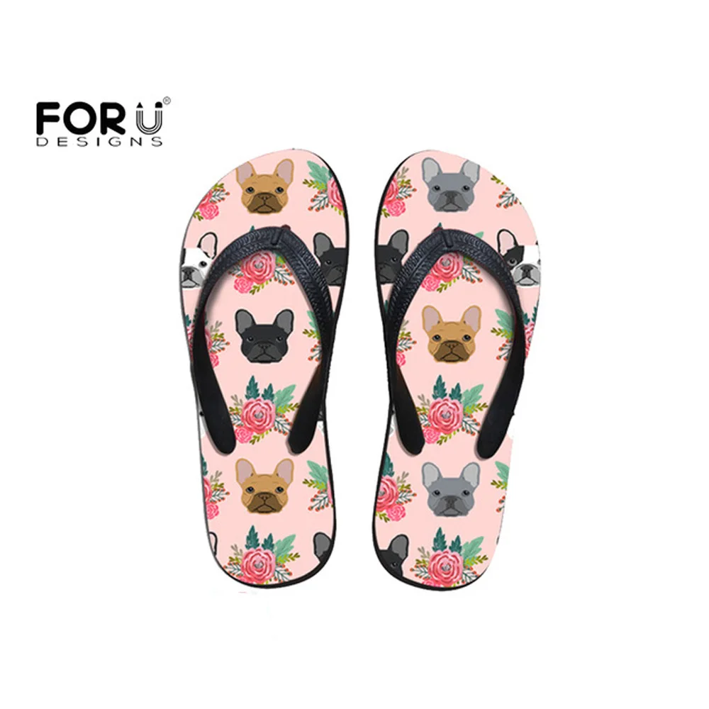 comprar FORUDESIGNS Moda 2018 Mulheres Chinelos de Verão Bonito Dos Desenhos Animados do Buldogue Francês Print Floral para a Menina Flip Flops Sandálias de Praia Casuais