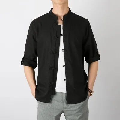 Новые мужские хлопковые льняные рубашки в китайском стиле, мужские винтажные повседневные льняные рубашки с рукавом три четверти, одноцветные топы, рубашки 5XL - Цвет: Черный