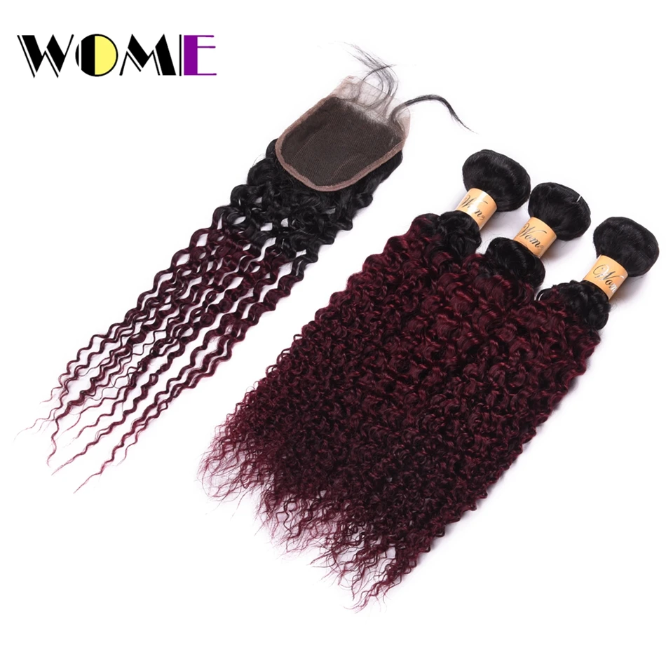 

Wome Ombre Hair Two Tone Color Brazilian Kinky Curly Hair Bundles With Closure T1B/99J Human Hair Weaving Curl Hair Extensions