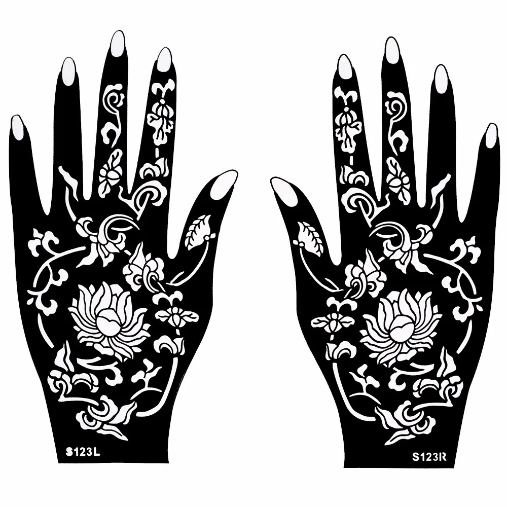 1 Pair Henna Tattoo Stencil Waterproof Flower Pattern Design Hands Mehndi for Painting Beauty Woman Body Art Tattoo Stencil S123