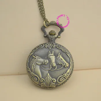 

new fashion low price bronze vintage retro big size women gift 3 three horse quartz pocket watch with short waist chain hour