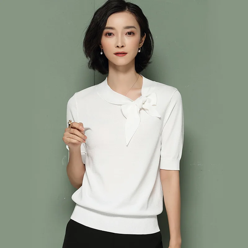 Spring Summer Casual Knitted Solid Color Pullover Butterfly Collar Patchwork Loose Short Sleeve Women Sweater XZ297