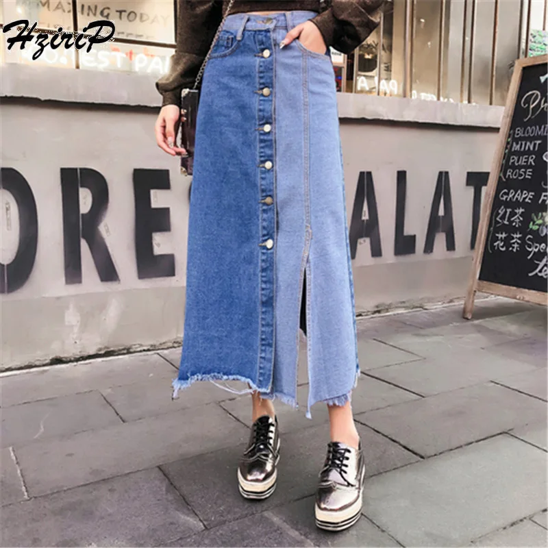 HziriP Women Denim Skirt 2018 Autumn Winter Ladies Casual Button Contrast Color Irregular High Waist Mini Clothing | Женская одежда