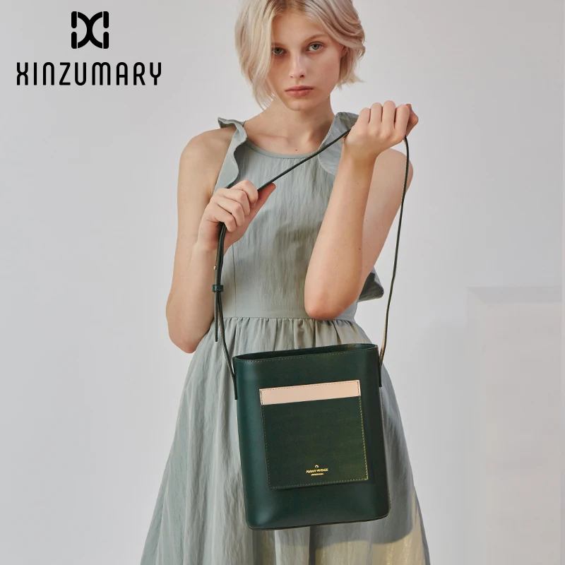 

2019 New Women Cowhide Shoulder Bag Fashion Casual Female Messenger Bags Simple Solid color Buket Bags Large Capacity Crossbody
