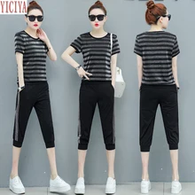 Striped Velvet 2 Piece Set Tracksuits for Women Outfits 2020 Summer Sportswear Co-ord Set Plus Size Big Black Pant Top Clothing